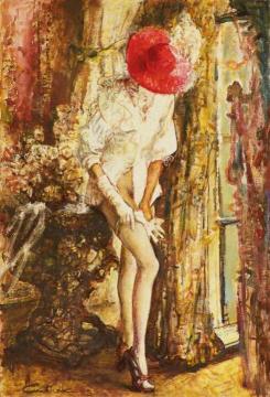 Pulling Up Her Stockings Artwork by Pál Fried