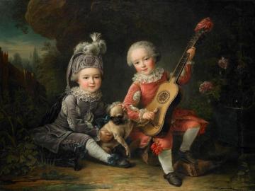 Children Of The Marquis De Béthune Playing With A Dog Artwork by François-Hubert Drouais