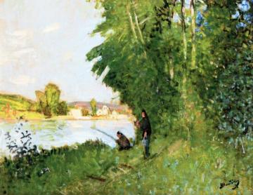 Two Fishermen in a Landscape Artwork by Pierre Eugène Montézin