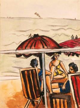 Beach Scene with Sunshade Artwork by Max Beckmann