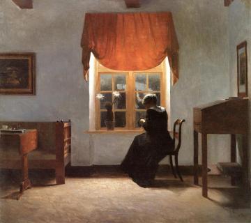 A Woman Knitting By A Window Artwork by Peter Ilsted