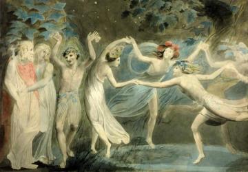 Titania and Puck with Fairies Dancing Artwork by William Blake