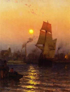Shipping In Harbor By Moonlight Artwork by Mauritz F. H. De Haas