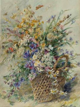 Large Still Life Of Wildflowers In A Basket With A Butterfly Artwork by Madeleine Jeanne Lemaire