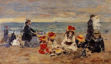 Woman and Children on the Beach at Trouville Artwork by Eugène-Louis Boudin
