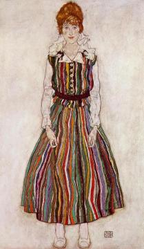 Portrait of Edith Schiele in a Striped Dress Artwork by Egon Schiele