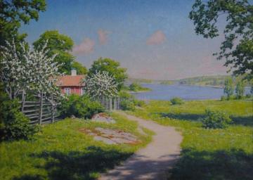 Cabin with blooming fruit trees Artwork by Johan Krouthén