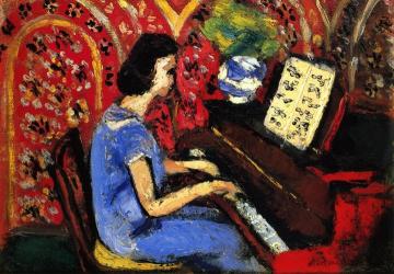 Little Pianist, Blue Dress, Red Background Artwork by Henri Matisse
