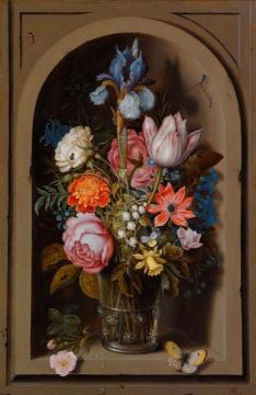 A still life of flowers in a glass beaker set in a marble niche Artwork by Ambrosius Bosschaert
