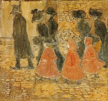 Three Little Girls in Red Artwork by Maurice Prendergast