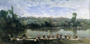 Washerwoman at the Varenne River Artwork by Martin Rico y Ortega