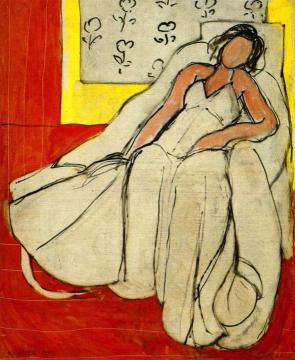Young Woman In White, Red Background Artwork by Henri Matisse