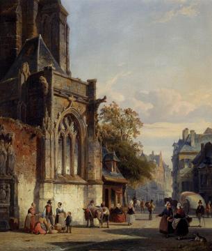 Town square before a church: A capriccio Artwork by Cornelius Springer
