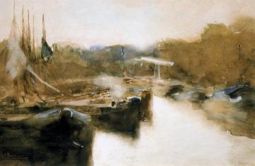 Moored ships in city canal Artwork by George Heidrik Breitner