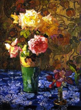 Roses In A Atall Glass Artwork by Franz Bischoff