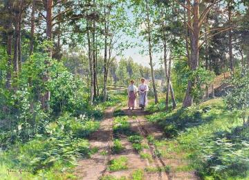 Forest Scene With Women Walking Artwork by Johan Krouthén