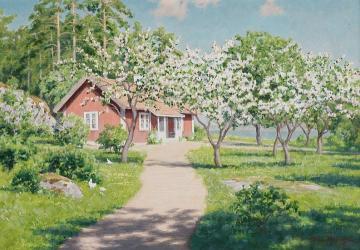 Cottage with flowering fruit trees Artwork by Johan Krouthén