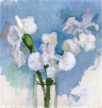 White Irises against a Light Blue Background Artwork by Piet Mondrian