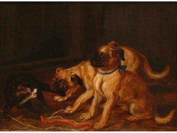 Two Pugs Confronting A Cat Artwork by Horatio Henry Couldery