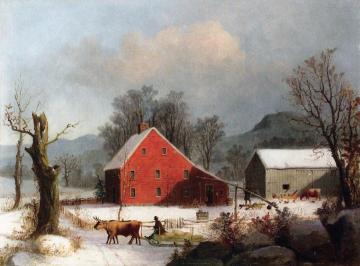 Winter Farmyard with Ox-Drawn Sledge Artwork by George Henry Durrie