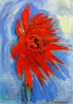 Red Chrysanthemum On Blue Background Artwork by Piet Mondrian