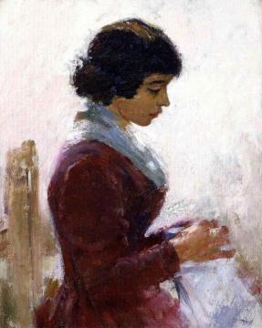 Girl in Red, Sewing Artwork by Theodore Robinson