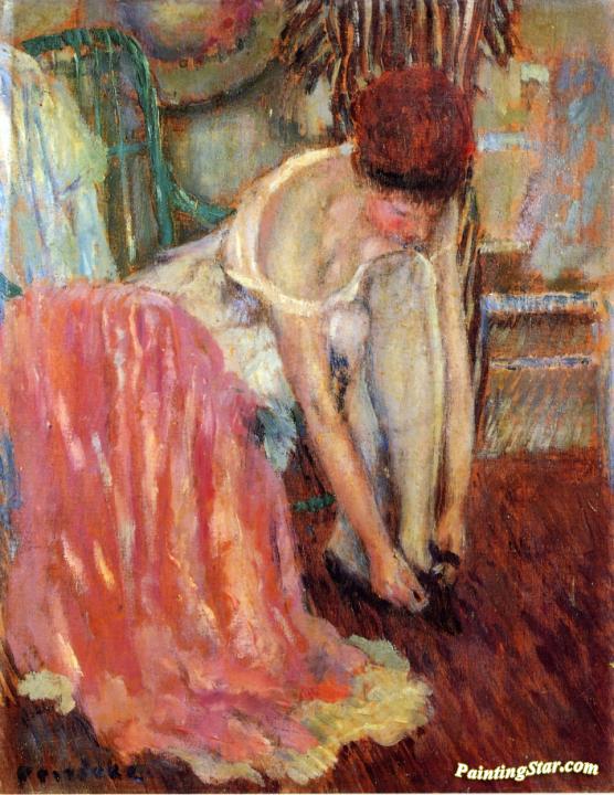 Woman Tying Her Shoe Artwork by Frederick Carl Frieseke