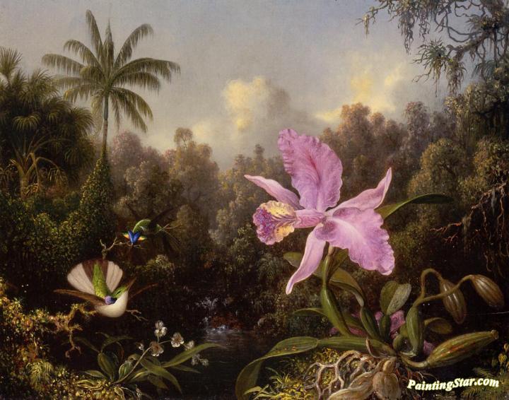 Orchid and Two Hummingburds Artwork by Martin Johnson Heade