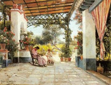 Mother And Daughter Sewing In A Patio Artwork by Manuel Garcia y Rodriguez