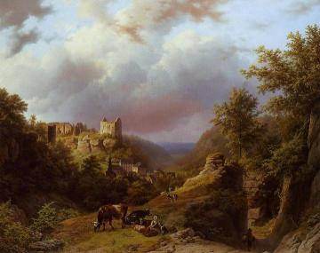 Countryfolk, Cattle and Goats on a Mountain Path with a Village Beyond Artwork by Barend Cornelis Koekkoek