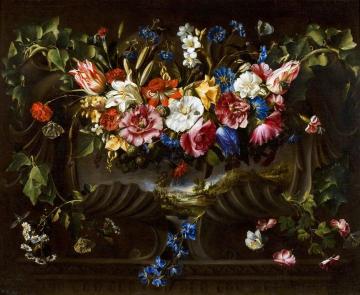Garland Of Flowers In A Cartouche With A Landscape Behind Artwork by Juan de Arellano