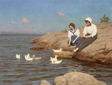 Women on the islet with ducks Artwork by Johan Krouthén