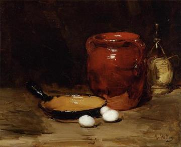 Still Life with a Pen, Jug, Bottle and Eggs on a Table Artwork by Antoine Vollon