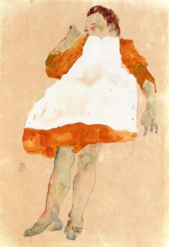 Child In Orange Dress With White Pinafore Artwork by Egon Schiele