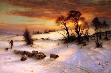 Herding Sheep In A Winter Landscape At Sunset Artwork by Joseph Farquharson