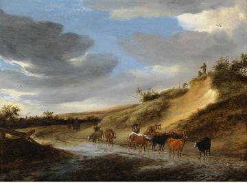 An Extensive Landscape With Cattle And Their Herdsmen Following A Partly Flooded Road Artwork by Salomon van Ruysdael