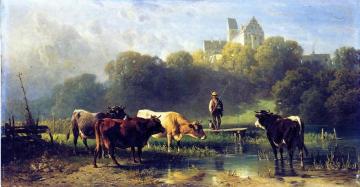 Cattle Watering At A Lake By A Fisherman And His Dog Artwork by Fredrich Johann Voltz