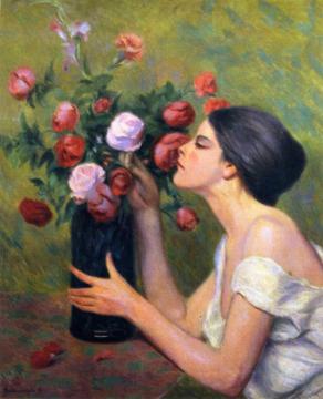 Woman with Rose Bouquet Artwork by Federico Zandomeneghi