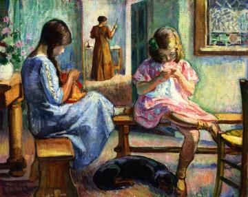 Marthe And Nono Sewing Artwork by Henri Lebasque