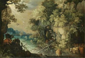 A bosky fluvial landscape with cattle resting and drinking Artwork by Roelant Savery