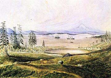 View from Hill on San Juan Island Looking South with Ontario Roads, Active and Ewing at Anchor, Lopez Island and Mount Baker in  Artwork by James Madison Alden