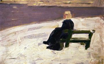 Woman in a Winter Landscape on a Green Bench Artwork by Franz Marc