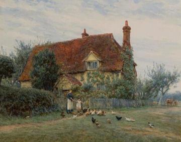 Outside The Cottage Artwork by Helen Allingham