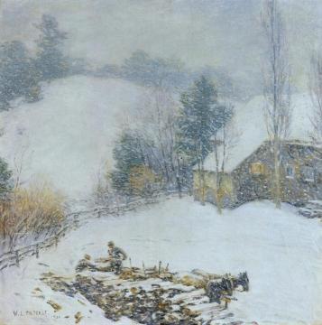 Hauling Wood - Winter Artwork by Willard Leroy Metcalf