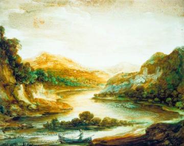 Wooded River Landscape with a Fisherman in a Rowing Boat, High Banks and Distant Mountains Artwork by Thomas Gainsborough