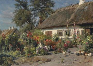 A Cottage Garden with Chickens Artwork by Peder Mork Monsted