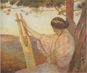 Lady with Lyre by Pine trees Artwork by Henri Martin