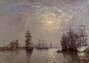 Le Havre: European Basin, Sailing Ships at Anchor, Sunset Artwork by Eugène-Louis Boudin