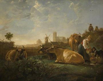 A Distant View of Dordrecht with a Milkmaid and Four Cows Artwork by Aelbert Cuyp