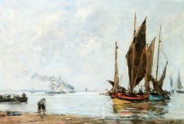 Boats At Anchor along the Shore Artwork by Eugène-Louis Boudin